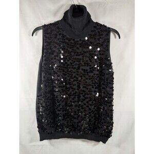 Aubergene Black Sequin Knit Sleeveless Turtleneck Tank Top L